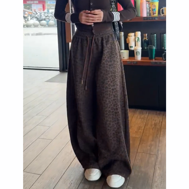 2025年秋冬新款复古显瘦加绒豹纹阔腿裤女大码休闲百搭设计长裤潮
