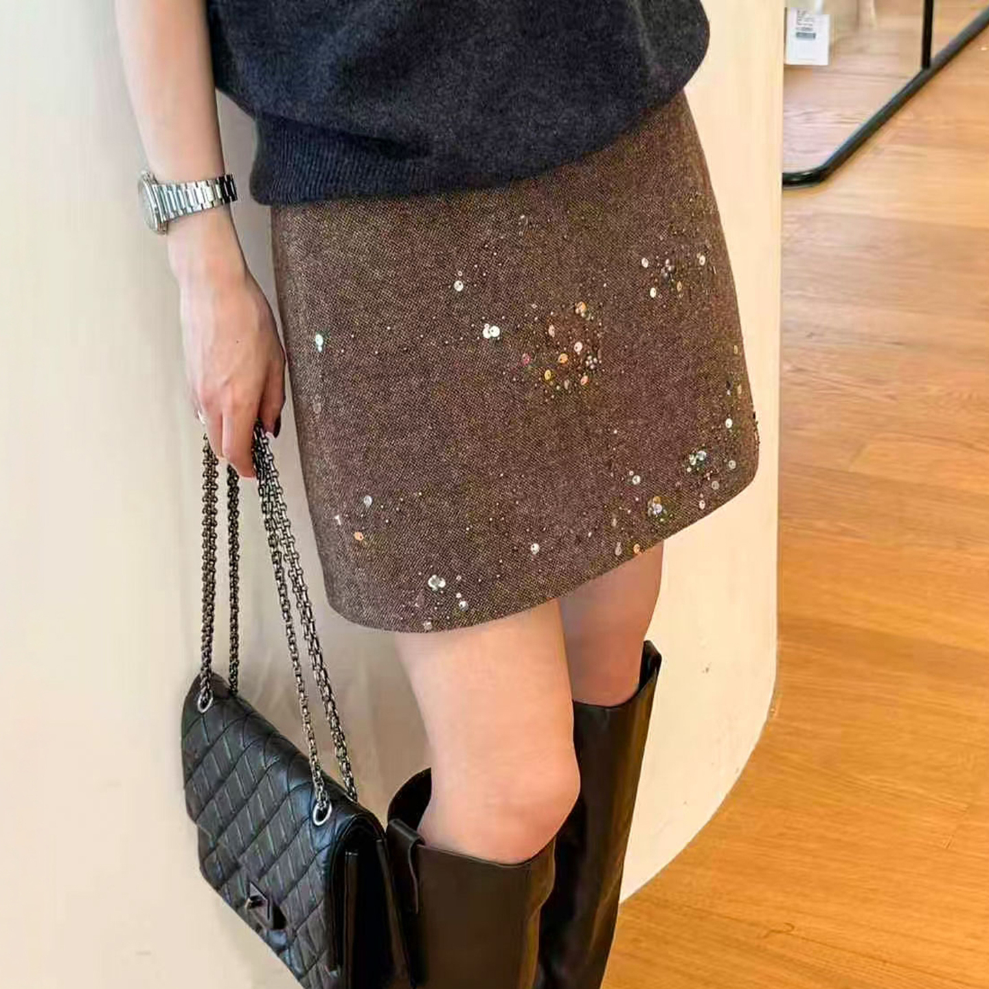 高级感亮片半身裙女25秋冬季新款高腰显瘦欧货防走光包臀a字短裙