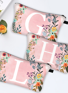 花卉字母粉色印花化妆包女便携旅行收纳包字母图案饺子型拉链包