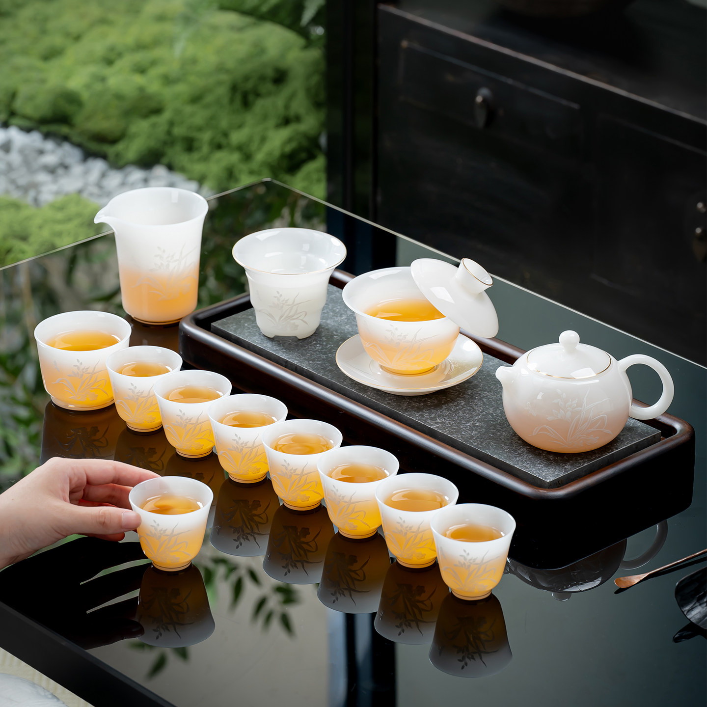 冰种璞玉三才盖碗浮雕新中式轻奢功夫茶具整套泡茶器套装