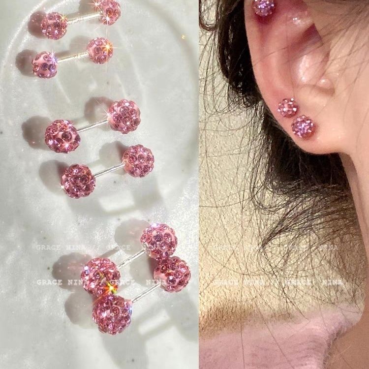 抗过敏~糖果色闪钻圆球耳钉女钛钢耳饰耳环个性养耳洞耳骨钉女