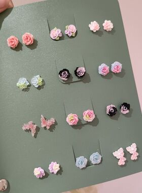 小众几何绽放蓝色玫瑰花耳钉耳环女超仙森系素款小清新耳饰新款潮