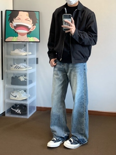 百搭长裤 复古cleanfit猫须纹做旧水洗直筒微喇牛仔裤 男 美式 XANYP