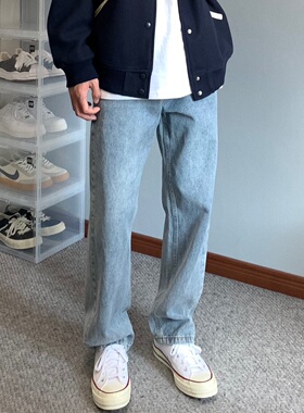 XANYP 浅蓝色直筒牛仔裤宽松ins潮流设计感百搭显瘦休闲垂感长裤
