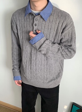 XANYP 秋冬复古绞花假两件拼接格纹针织衫毛衣男老钱风衬衫领长袖