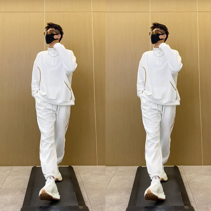2023秋季韩版宽松条纹ins长袖扣领口束脚卫裤休闲套装XSPlusNZ999