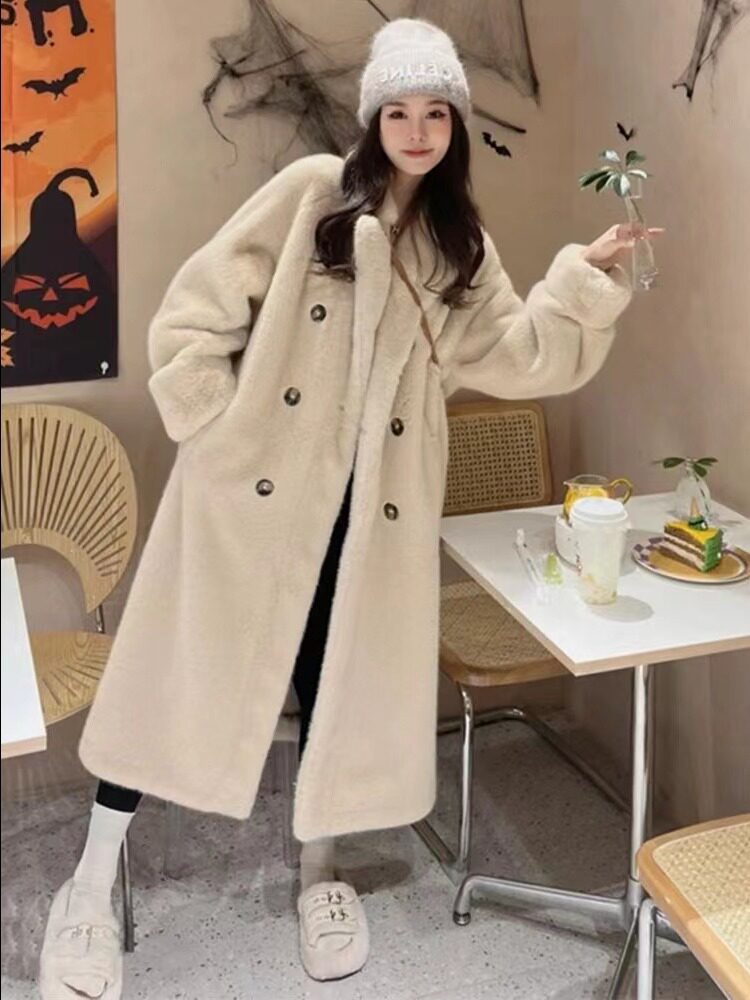秋冬加厚长款西服领仿水貂绒皮毛一体2024新款环保皮草女外套大衣