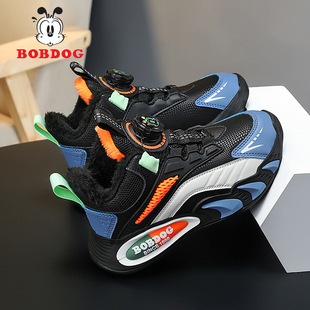 巴布豆男女童鞋加绒保暖大棉鞋冬季新款皮面防滑跑步运动鞋中大童