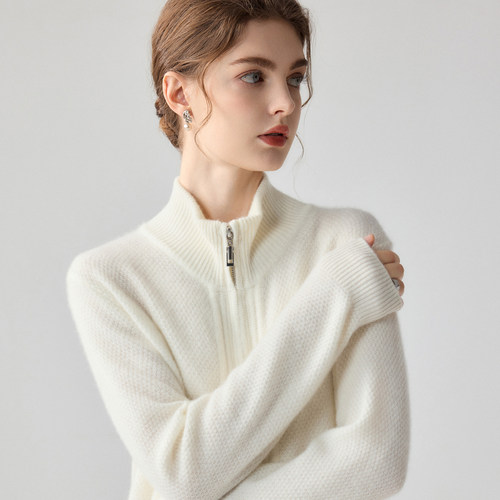 轻奢风100%纯山羊绒半高领双拉链针织开衫女秋冬毛衣宽松显瘦外套