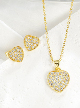 跨境越南沙金项链轻奢风镶锆爱心耳钉女铜合金久不掉色首饰品