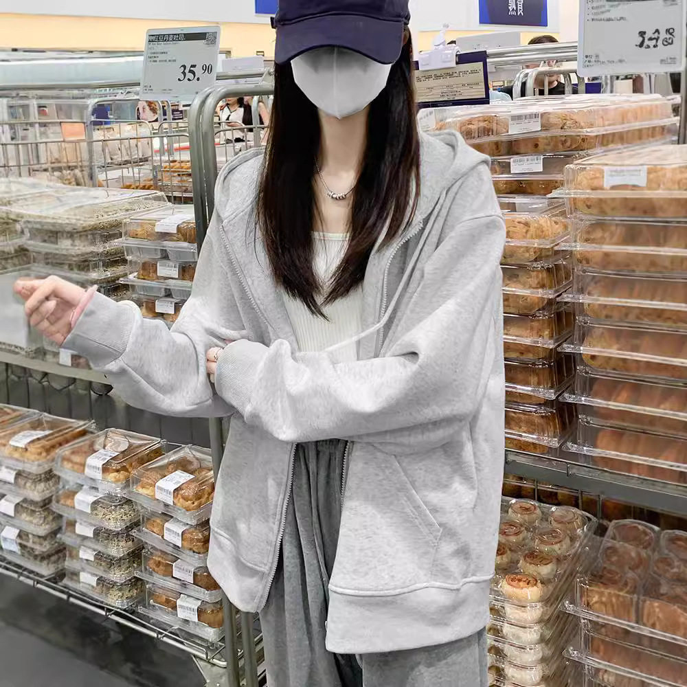 灰色连帽卫衣女士春装新款运动时尚小个子慵懒风显瘦外套开衫上衣