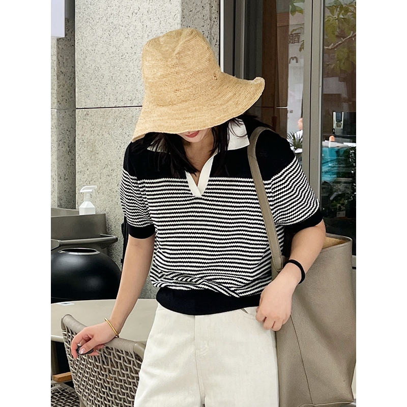 短袖女t恤2025夏季新款亚麻混纺气质黑白条纹POLO领短袖针织衫t恤
