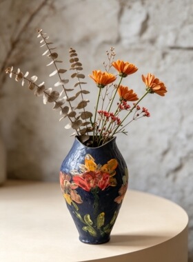 景德镇手作油画彩绘深蓝陶罐新中式艺术花瓶客厅鲜花干花插花花器