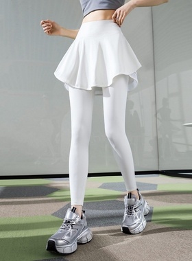 纯白色假两件瑜伽裤女秋高腰提臀收腹紧身外穿跑步普拉提健身裙裤