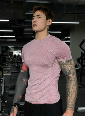 无缝提花短袖修身高弹肌肉健身男士兄弟训练圆领运动篮球T恤上衣