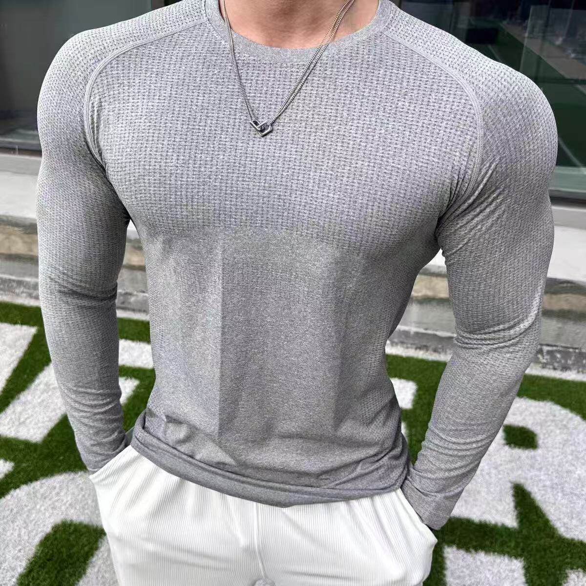 男士无缝提花休闲长袖跑步训练户外健身运动上衣速干透气修身T恤