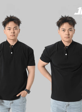 GD夏季新中式亨利领/翻领大POLO收袖口运动透气休闲训练高弹T恤男