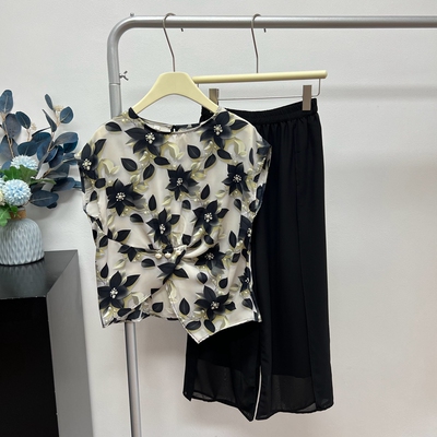 中年妈妈夏季套装雪纺落肩袖T恤