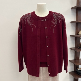 100纯羊毛妈妈装秋季新款针织两件套开衫短袖毛衣中老年套装上衣