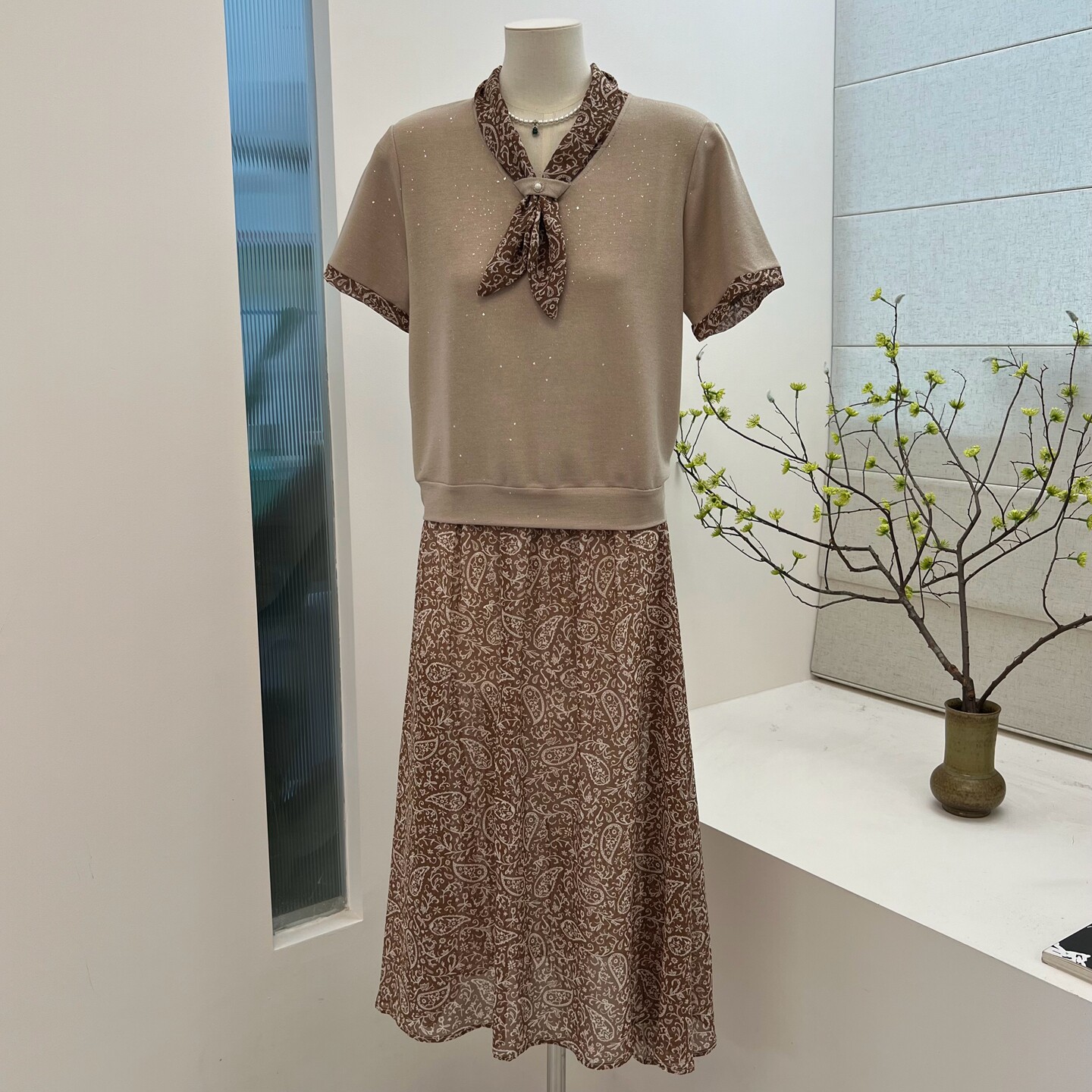 时尚夏季妈妈装两件套围巾领套头半身裙气质中老年薄款裙子套装女