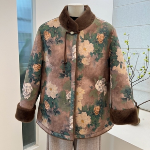 中式冬季加绒加厚皮毛一体奶奶装外套宽松保暖中老年老太太上衣女