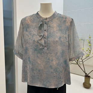 夏季薄款妈妈装t恤短袖花色中老年立领纱袖体恤仿真丝小衫上衣女