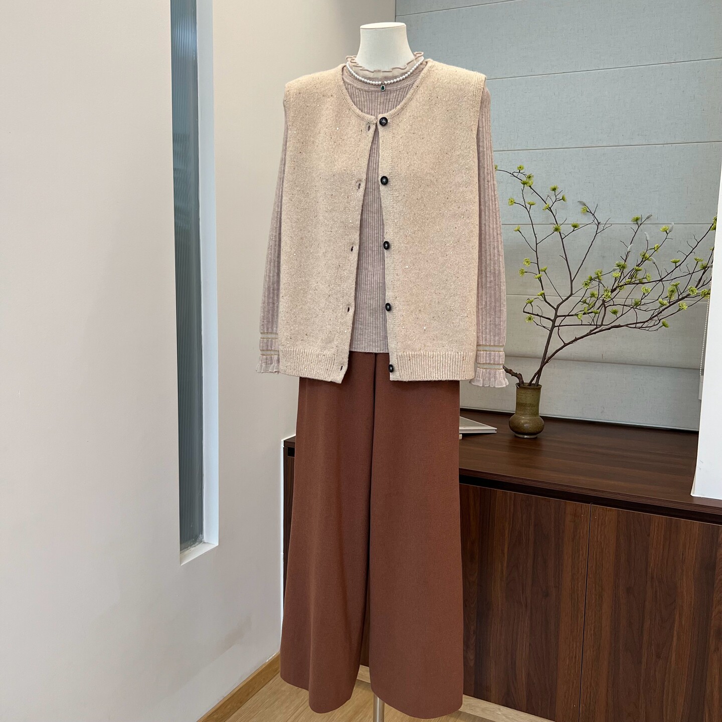 妈妈秋装针织三件套中年圆领开衫