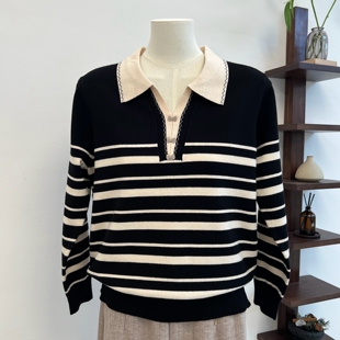 中年妈妈装 毛衣翻领套头条纹上衣保暖毛线衣女打底衣服 秋冬针织衫