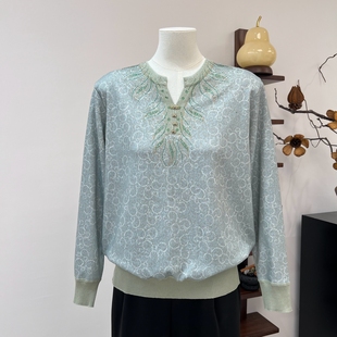 妈妈装秋季薄款半开领T恤长袖花色中老年2025新品上衣老人衣服女