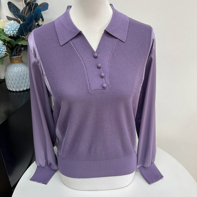 商场货春秋薄款中老年翻领套头长袖针织衫宽松大码妈妈装秋季上衣
