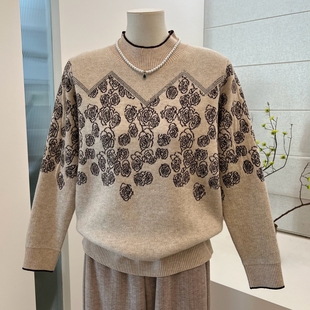 冬季新款妈妈装宽松加绒加厚保暖毛衣中老年半高领针织套头上衣女