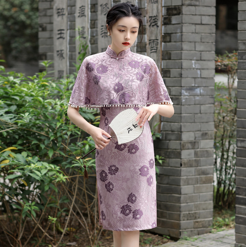 斗篷式披肩蕾丝紫色旗袍2022年春款女装国风年轻款优雅日常生活装