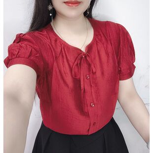 休闲显瘦v领正肩雪纺短袖女士衬衫2026夏季新款减龄系带宽松上衣