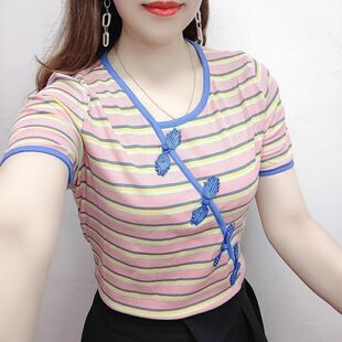 网红超火夏季条纹斜领短袖t恤女民族风盘扣大码修身显瘦洋气体恤