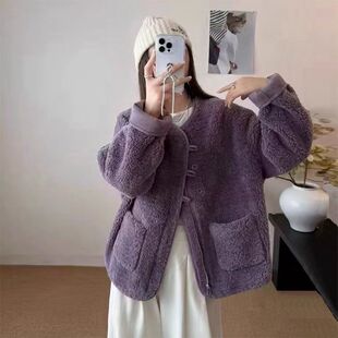 紫色短款羊羔毛小香风外套2025新款女冬季皮毛一体小个子加厚棉服
