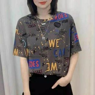 网红爆款短袖女t恤夏装2023年新款字母印花体恤宽松显瘦减龄上衣T