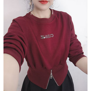 小心机设计感假两件时尚短款卫衣女镶钻洋气减龄小众圆领打底上衣