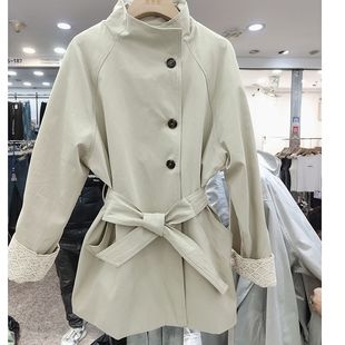 风衣外套女春款新款2025立领韩版中长款系带收腰宽松大衣简约外套