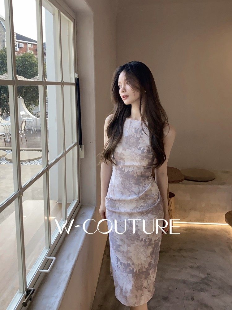 无声美丽Wcouture原创 印花挂脖 冷清美人气质 抽褶开衩连衣裙,女装/女士精品,连衣裙,淘宝优惠券,粉丝福利购,淘宝优惠卷