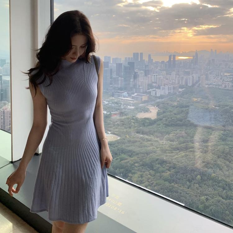 独白Wcouture原创春款 气质型针织半高领 收腰大裙摆连衣短裙长裙