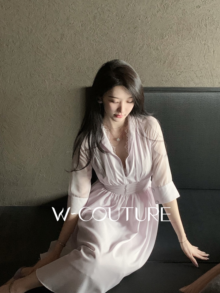 普罗旺斯Wcouture原创 法式复古浪漫 领口蕾丝拼接收腰连衣裙