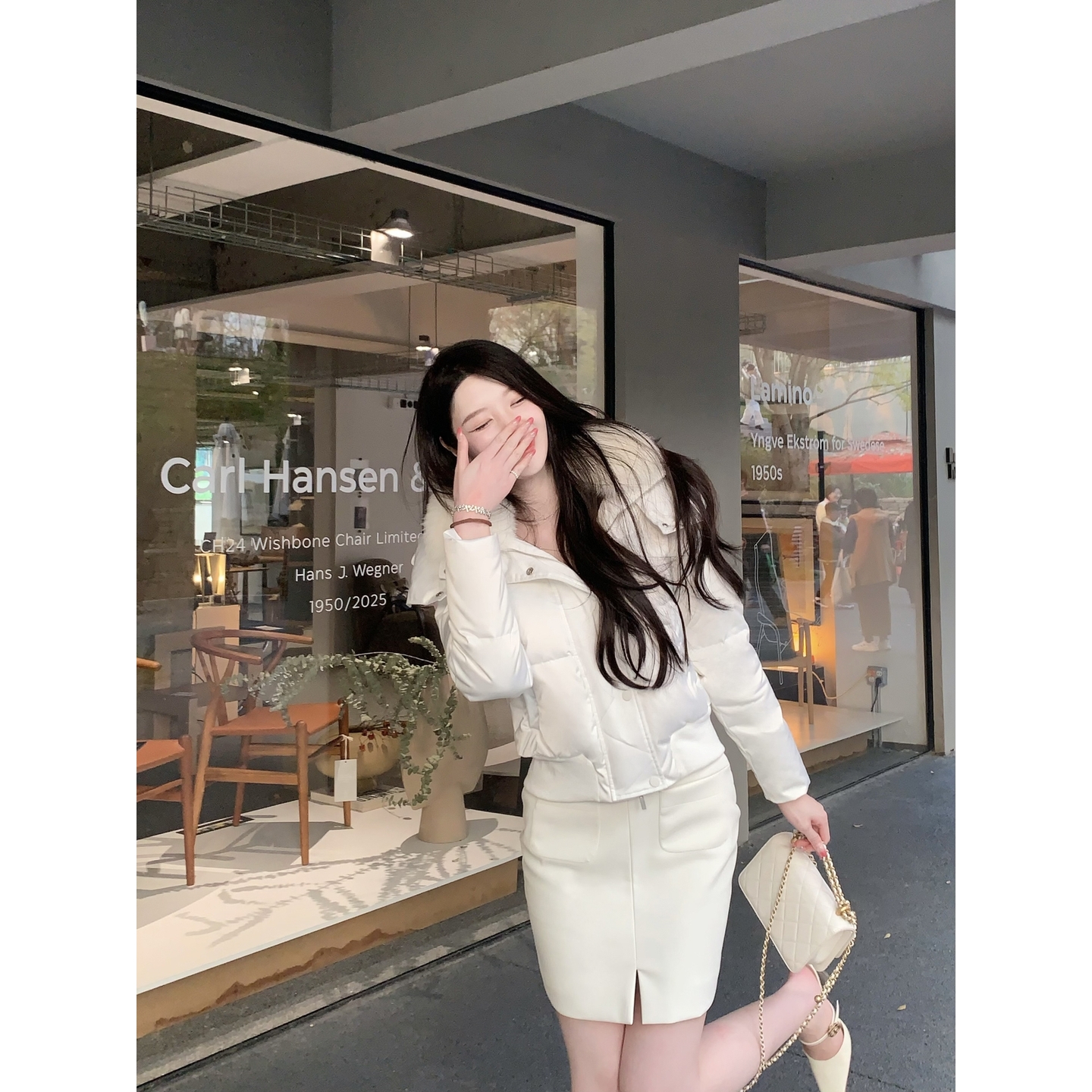 鎏金白釉Wcouture原创 高腰包臀修身 前开衩粗花呢 皮裙短半身裙