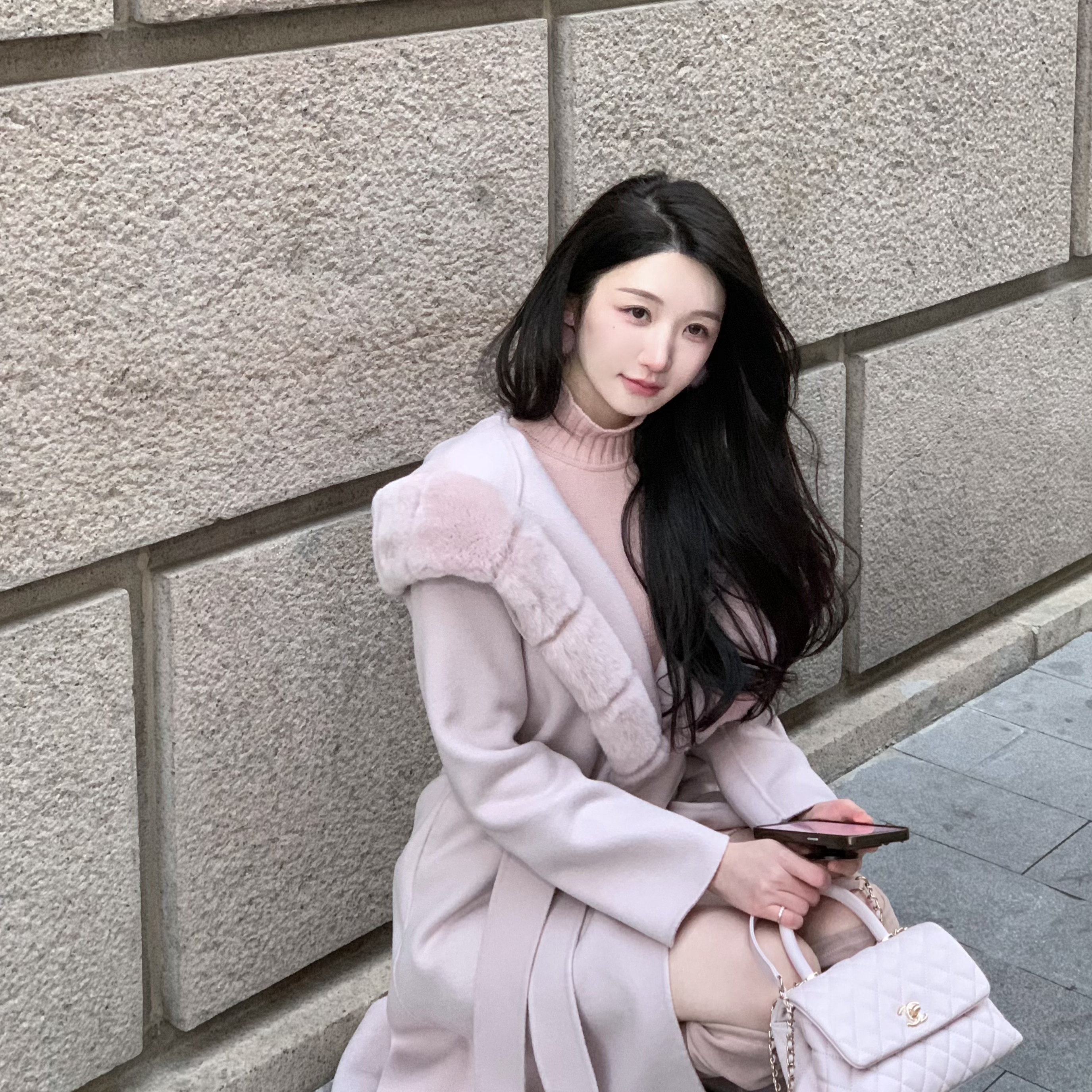 Wcouture獭兔皮草毛领羊毛呢大衣