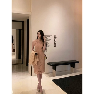 木兰Wcouture经典返场 显白的蜜桃粉志玲姐姐原版修身蕾丝连衣裙