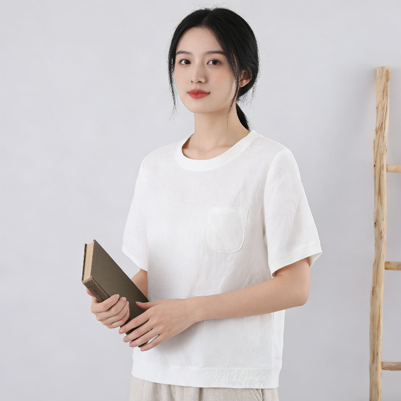 夏季圆领口袋汉麻T恤简约圆领短袖宽松百搭S2627