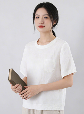 夏季圆领口袋汉麻T恤简约圆领短袖宽松百搭S2627