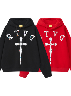 *RTVG*秋冬新款街头潮圣剑铆钉加固贴钻男女加绒帽衫连帽卫衣红黑