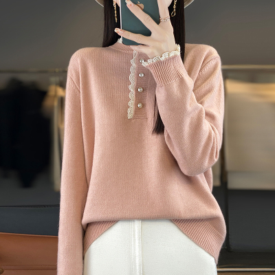 拼接花边蕾丝领针织打底衫女2025