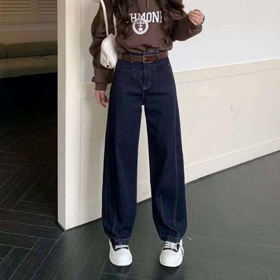 韩尚裤业春秋新款阔腿裤弯刀裤女欧货高腰牛仔裤窄版宽松直筒裤