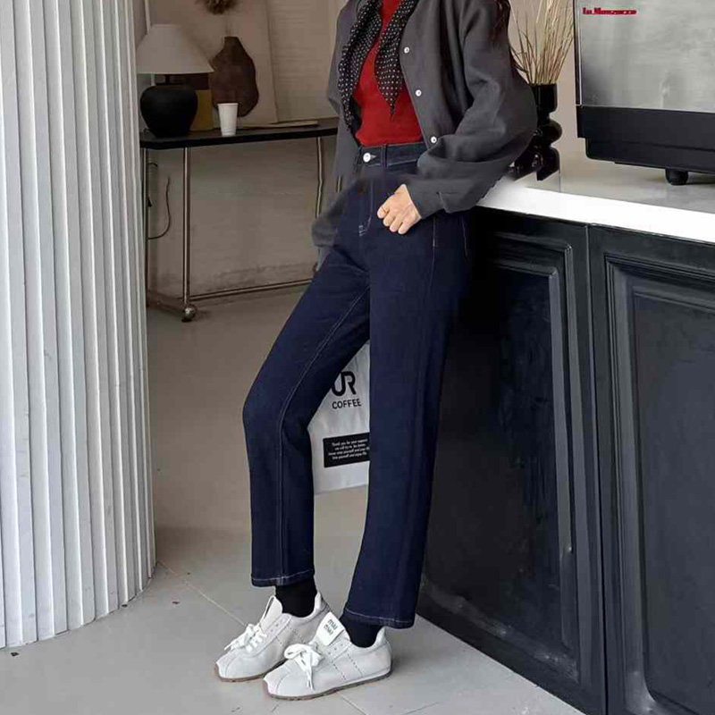 韩尚裤业2024秋冬年加绒加厚丹宁色烟管裤女九分直筒法棍裤小个子